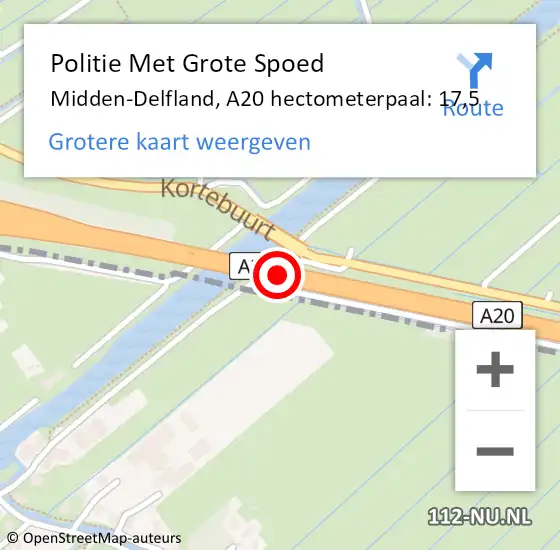 Locatie op kaart van de 112 melding: Politie Met Grote Spoed Naar Midden-Delfland, A20 hectometerpaal: 17,5 op 23 januari 2024 17:27