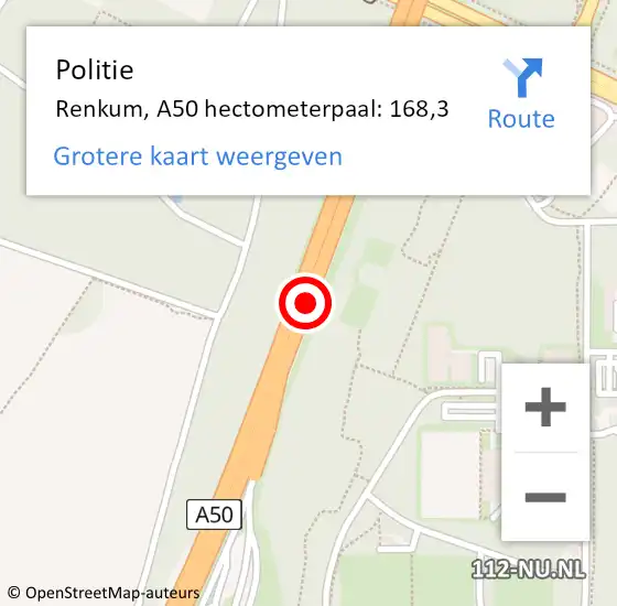 Locatie op kaart van de 112 melding: Politie Renkum, A50 hectometerpaal: 168,3 op 23 januari 2024 18:27