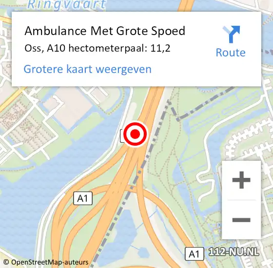 Locatie op kaart van de 112 melding: Ambulance Met Grote Spoed Naar Oss, A10 hectometerpaal: 11,2 op 23 januari 2024 19:22