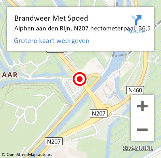 Locatie op kaart van de 112 melding: Brandweer Met Spoed Naar Alphen aan den Rijn, N207 hectometerpaal: 36,5 op 23 januari 2024 23:50