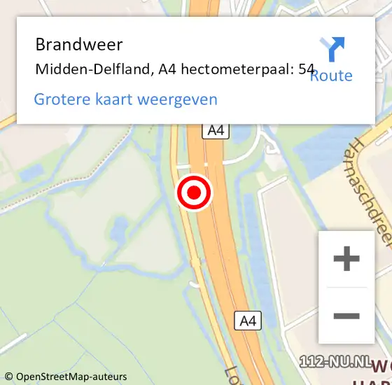 Locatie op kaart van de 112 melding: Brandweer Midden-Delfland, A4 hectometerpaal: 54 op 24 januari 2024 02:40