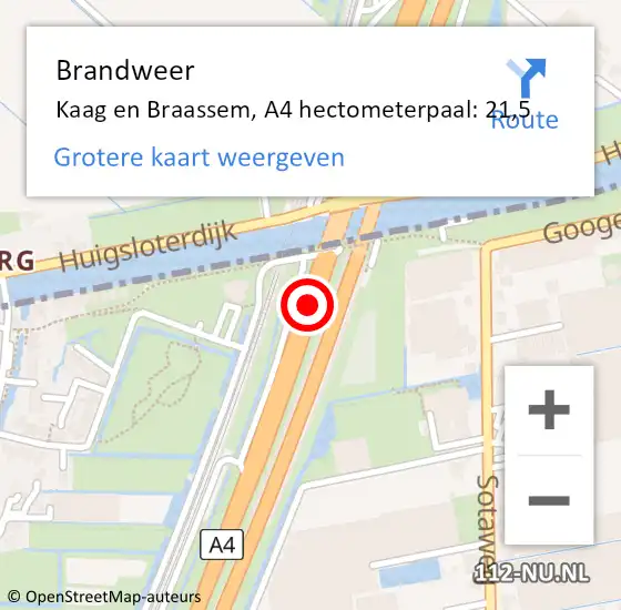 Locatie op kaart van de 112 melding: Brandweer Kaag en Braassem, A4 hectometerpaal: 21,5 op 24 januari 2024 05:37