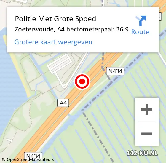 Locatie op kaart van de 112 melding: Politie Met Grote Spoed Naar Zoeterwoude, A4 hectometerpaal: 36,9 op 24 januari 2024 07:50