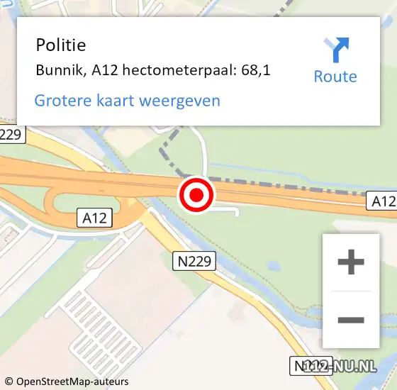 Locatie op kaart van de 112 melding: Politie Bunnik, A12 hectometerpaal: 68,1 op 24 januari 2024 09:45