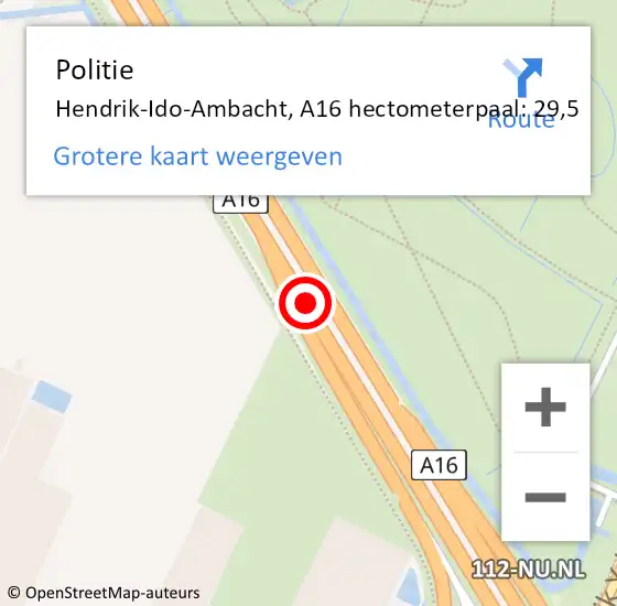 Locatie op kaart van de 112 melding: Politie Hendrik-Ido-Ambacht, A16 hectometerpaal: 29,5 op 24 januari 2024 11:59