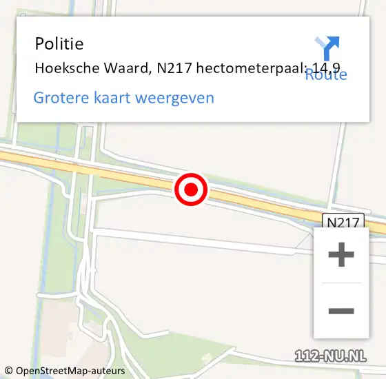 Locatie op kaart van de 112 melding: Politie Hoeksche Waard, N217 hectometerpaal: 14,9 op 24 januari 2024 14:24
