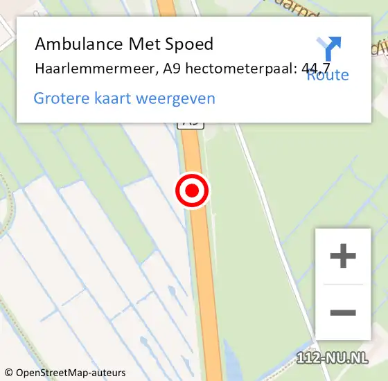 Locatie op kaart van de 112 melding: Ambulance Met Spoed Naar Haarlemmermeer, A9 hectometerpaal: 44,7 op 24 januari 2024 15:21