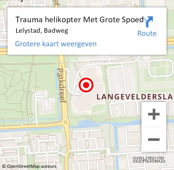 Locatie op kaart van de 112 melding: Trauma helikopter Met Grote Spoed Naar Lelystad, Badweg op 24 januari 2024 16:11