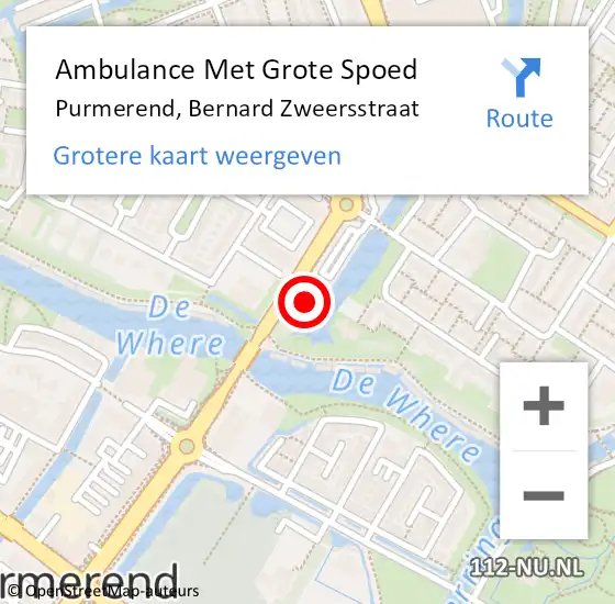 Locatie op kaart van de 112 melding: Ambulance Met Grote Spoed Naar Purmerend, Bernard Zweersstraat op 24 januari 2024 17:53