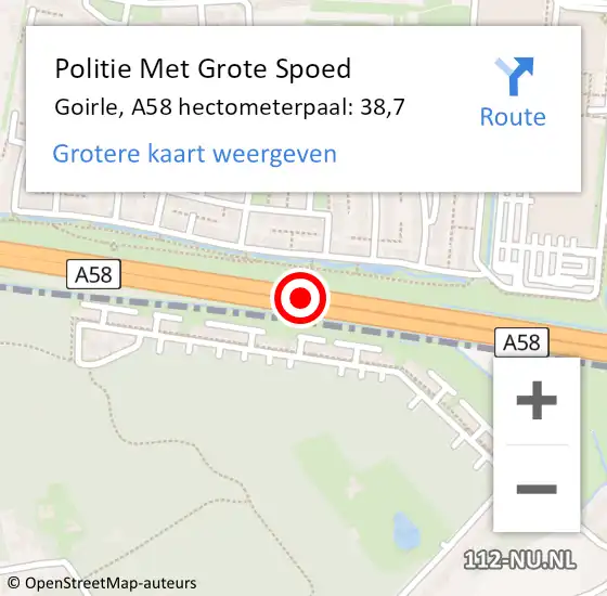 Locatie op kaart van de 112 melding: Politie Met Grote Spoed Naar Goirle, A58 hectometerpaal: 38,7 op 24 januari 2024 17:57