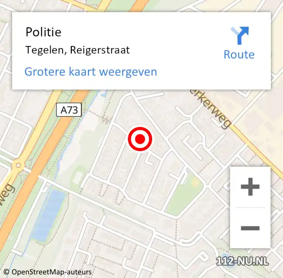 Locatie op kaart van de 112 melding: Politie Tegelen, Reigerstraat op 24 januari 2024 18:49
