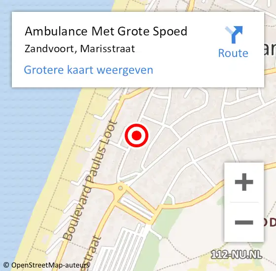 Locatie op kaart van de 112 melding: Ambulance Met Grote Spoed Naar Zandvoort, Marisstraat op 24 januari 2024 21:42