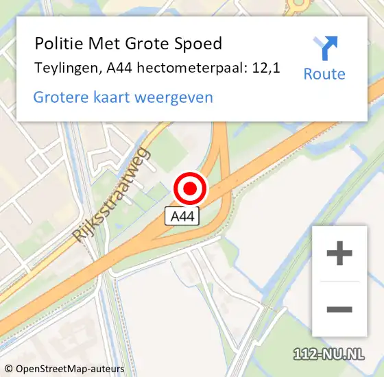 Locatie op kaart van de 112 melding: Politie Met Grote Spoed Naar Teylingen, A44 hectometerpaal: 12,1 op 24 januari 2024 23:15