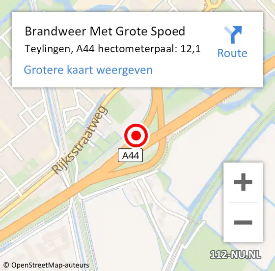 Locatie op kaart van de 112 melding: Brandweer Met Grote Spoed Naar Teylingen, A44 hectometerpaal: 12,1 op 24 januari 2024 23:19