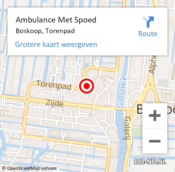 Locatie op kaart van de 112 melding: Ambulance Met Spoed Naar Boskoop, Torenpad op 25 januari 2024 01:39