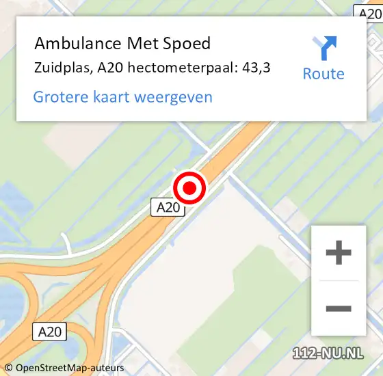 Locatie op kaart van de 112 melding: Ambulance Met Spoed Naar Zuidplas, A20 hectometerpaal: 43,3 op 25 januari 2024 06:26