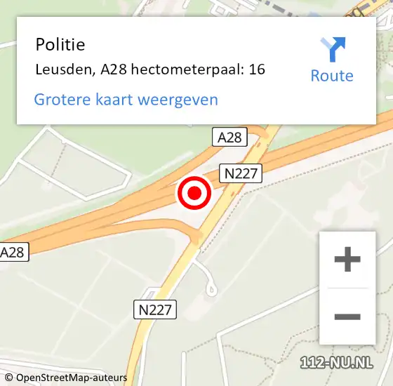Locatie op kaart van de 112 melding: Politie Leusden, A28 hectometerpaal: 16 op 25 januari 2024 07:16