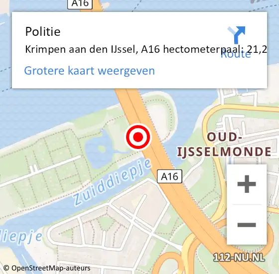Locatie op kaart van de 112 melding: Politie Krimpen aan den IJssel, A16 hectometerpaal: 21,2 op 25 januari 2024 07:38