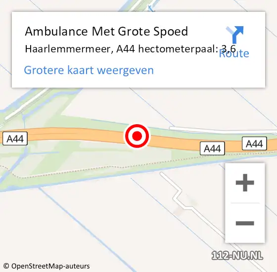 Locatie op kaart van de 112 melding: Ambulance Met Grote Spoed Naar Haarlemmermeer, A44 hectometerpaal: 3,6 op 25 januari 2024 07:47