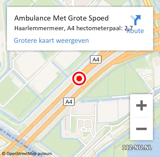 Locatie op kaart van de 112 melding: Ambulance Met Grote Spoed Naar Haarlemmermeer, A4 hectometerpaal: 2,7 op 25 januari 2024 07:49