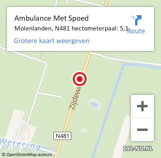 Locatie op kaart van de 112 melding: Ambulance Met Spoed Naar Molenlanden, N481 hectometerpaal: 5,1 op 25 januari 2024 08:53