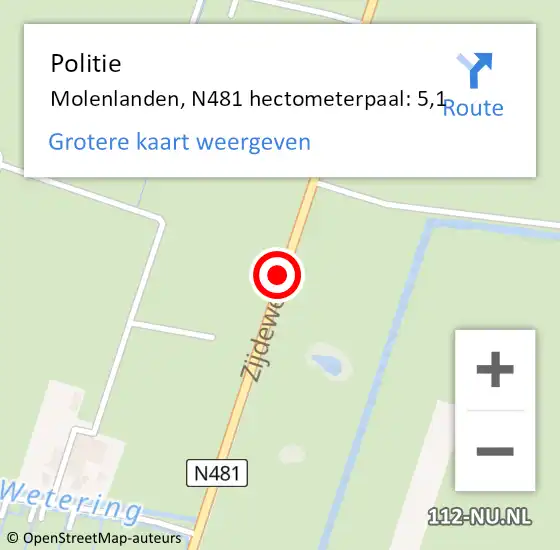 Locatie op kaart van de 112 melding: Politie Molenlanden, N481 hectometerpaal: 5,1 op 25 januari 2024 08:57