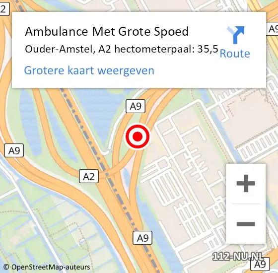 Locatie op kaart van de 112 melding: Ambulance Met Grote Spoed Naar Ouder-Amstel, A2 hectometerpaal: 35,5 op 25 januari 2024 15:05