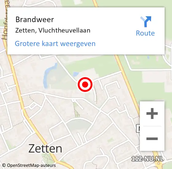 Locatie op kaart van de 112 melding: Brandweer Zetten, Vluchtheuvellaan op 25 januari 2024 15:42