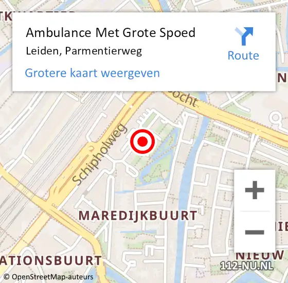 Locatie op kaart van de 112 melding: Ambulance Met Grote Spoed Naar Leiden, Parmentierweg op 25 januari 2024 17:04