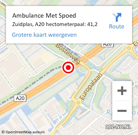 Locatie op kaart van de 112 melding: Ambulance Met Spoed Naar Zuidplas, A20 hectometerpaal: 41,2 op 25 januari 2024 17:10