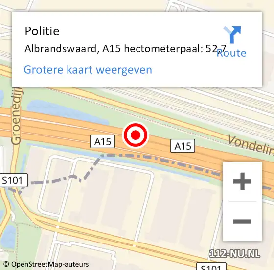 Locatie op kaart van de 112 melding: Politie Albrandswaard, A15 hectometerpaal: 52,7 op 25 januari 2024 17:59