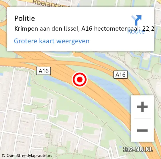 Locatie op kaart van de 112 melding: Politie Krimpen aan den IJssel, A16 hectometerpaal: 22,2 op 25 januari 2024 20:25