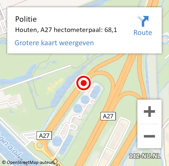 Locatie op kaart van de 112 melding: Politie Houten, A27 hectometerpaal: 68,1 op 26 januari 2024 00:08