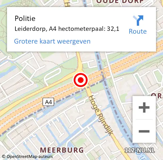 Locatie op kaart van de 112 melding: Politie Leiderdorp, A4 hectometerpaal: 32,1 op 26 januari 2024 07:23