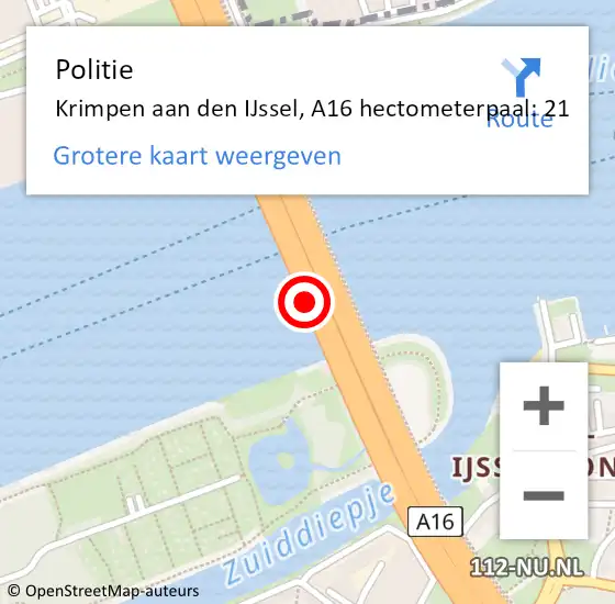 Locatie op kaart van de 112 melding: Politie Krimpen aan den IJssel, A16 hectometerpaal: 21 op 26 januari 2024 08:53