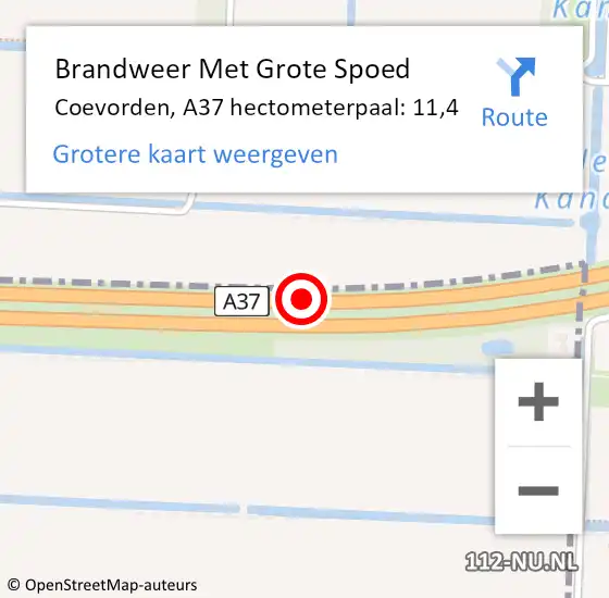 Locatie op kaart van de 112 melding: Brandweer Met Grote Spoed Naar Coevorden, A37 hectometerpaal: 11,4 op 26 januari 2024 10:30