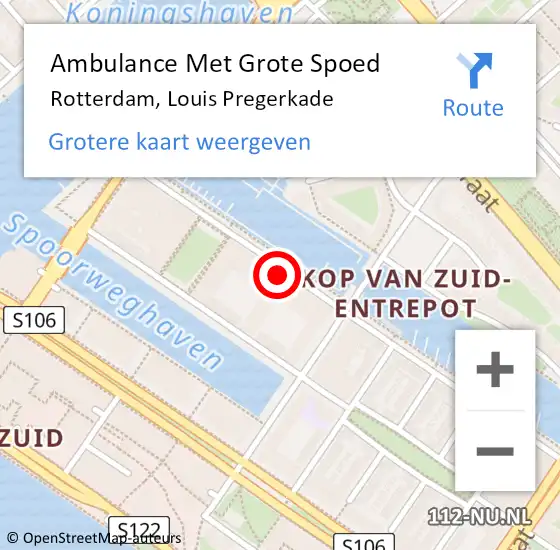 Locatie op kaart van de 112 melding: Ambulance Met Grote Spoed Naar Rotterdam, Louis Pregerkade op 26 januari 2024 10:31