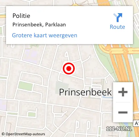 Locatie op kaart van de 112 melding: Politie Prinsenbeek, Parklaan op 26 januari 2024 10:36