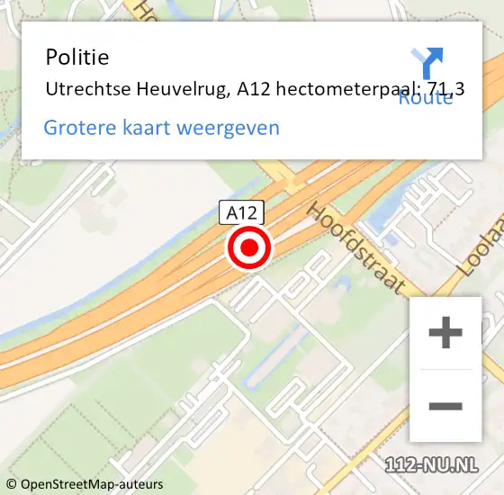 Locatie op kaart van de 112 melding: Politie Utrechtse Heuvelrug, A12 hectometerpaal: 71,3 op 26 januari 2024 14:19