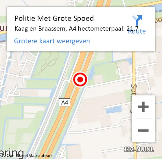 Locatie op kaart van de 112 melding: Politie Met Grote Spoed Naar Kaag en Braassem, A4 hectometerpaal: 21,7 op 26 januari 2024 14:44