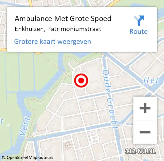 Locatie op kaart van de 112 melding: Ambulance Met Grote Spoed Naar Enkhuizen, Patrimoniumstraat op 26 januari 2024 14:45