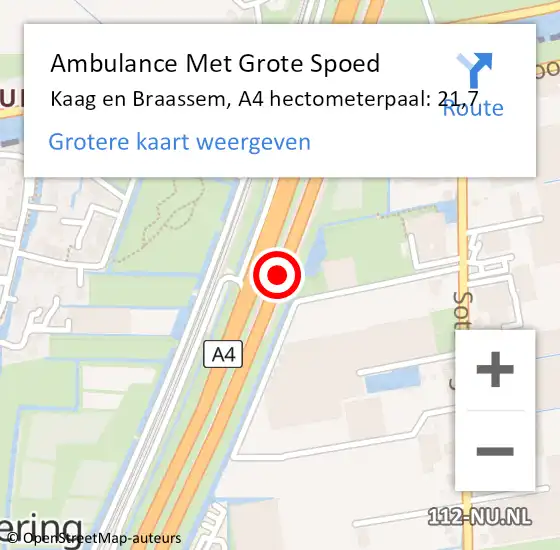 Locatie op kaart van de 112 melding: Ambulance Met Grote Spoed Naar Kaag en Braassem, A4 hectometerpaal: 21,7 op 26 januari 2024 14:49