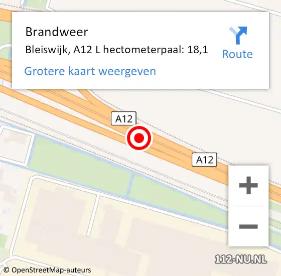 Locatie op kaart van de 112 melding: Brandweer Bleiswijk, A12 R hectometerpaal: 18,5 op 23 september 2014 15:29