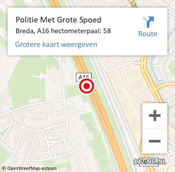 Locatie op kaart van de 112 melding: Politie Met Grote Spoed Naar Breda, A16 hectometerpaal: 58 op 26 januari 2024 19:52
