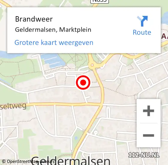 Locatie op kaart van de 112 melding: Brandweer Geldermalsen, Marktplein op 26 januari 2024 22:22