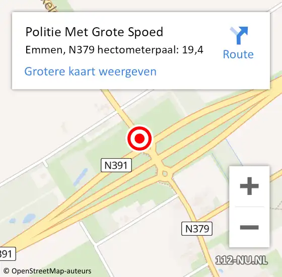 Locatie op kaart van de 112 melding: Politie Met Grote Spoed Naar Emmen, N379 hectometerpaal: 19,4 op 27 januari 2024 02:59