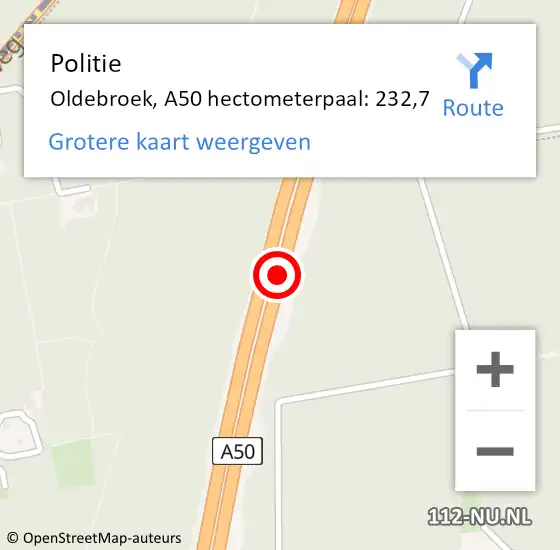 Locatie op kaart van de 112 melding: Politie Oldebroek, A50 hectometerpaal: 232,7 op 27 januari 2024 08:52