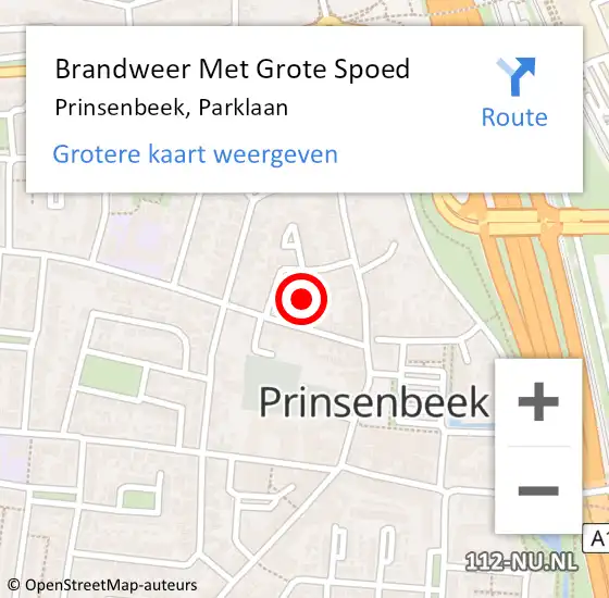Locatie op kaart van de 112 melding: Brandweer Met Grote Spoed Naar Prinsenbeek, Parklaan op 27 januari 2024 10:02