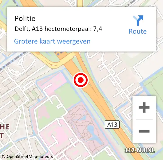 Locatie op kaart van de 112 melding: Politie Delft, A13 hectometerpaal: 7,4 op 27 januari 2024 11:19