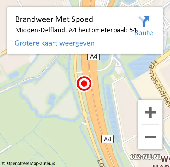 Locatie op kaart van de 112 melding: Brandweer Met Spoed Naar Midden-Delfland, A4 hectometerpaal: 54 op 27 januari 2024 12:43